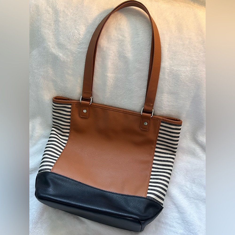 Thirty One Color Block Tote in Caramel with Black & Cream Good Used Condition